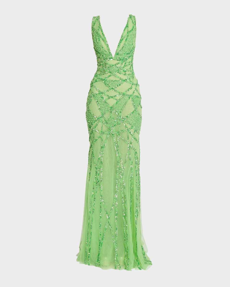 Abstract Rose Beaded Plunging Mermaid Gown